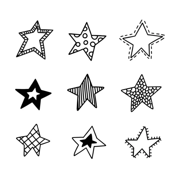 Ensemble Étoiles Doodle Dessinées Main Noires Isolées Sur Fond Blanc — Image vectorielle