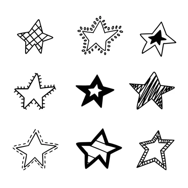 Set Black Hand Drawn Doodle Stars Isolated White Background — Stock Vector