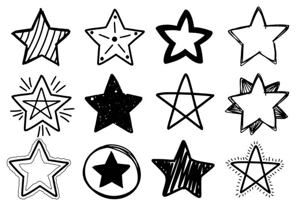 Набор черных рисованных вручную каракулей звезд в изолированном на белом фоне. 