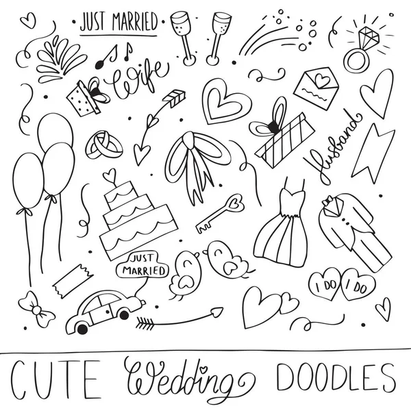 Készlet Aranyos Esküvői Doodles Vektorkészlet Kézzel Készített Díszítő Esküvői Ikonok — Stock Vector