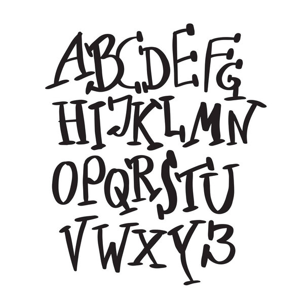 Hand drawn alphabet. Hand painted brush letters. Doodle comic font. - Vector