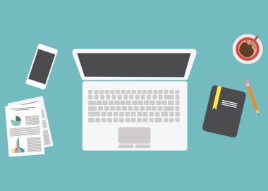 Ofis masası ve işyeridüz vektör tasarım illüstrasyon. Dizüstü bilgisayar, notlar, kahve, telefon ile masa.