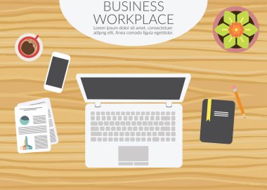 Ofis masası ve işyeridüz vektör tasarım illüstrasyon. Dizüstü bilgisayar, notlar, kahve, telefon ile masa.