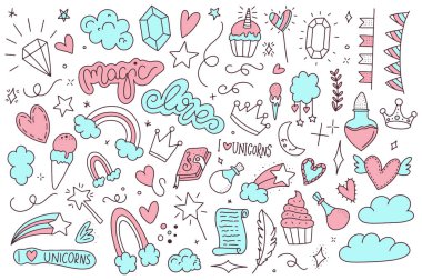 Unicorn ve Magic Doodles. Sihirli öğeleri ile sevimli Unicorn ve midilli koleksiyonu. El çizilmiş çizgi stili. Vector karalamalar illüstrasyonları.