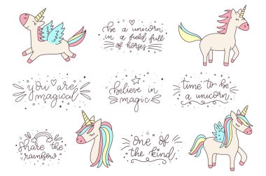 Unicorn ve Magic Doodles. Sihirli öğeleri ile sevimli Unicorn ve midilli koleksiyonu. El çizilmiş çizgi stili. Vector karalamalar illüstrasyonları.