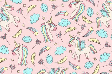 Unicorn ve Magic Doodles. Sihirli öğeleri ile sevimli Unicorn ve midilli koleksiyonu. El çizilmiş çizgi stili. Vector karalamalar illüstrasyonları.