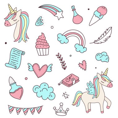 Unicorn ve Magic Doodles. Sihirli öğeleri ile sevimli Unicorn ve midilli koleksiyonu. El çizilmiş çizgi stili. Vector karalamalar illüstrasyonları.