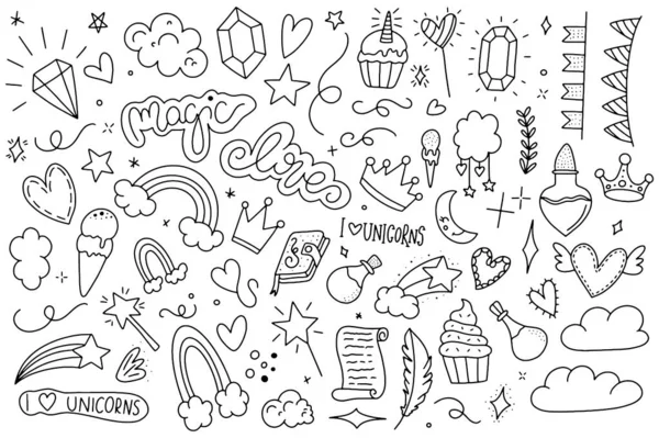Unicorn ve Magic Doodles. Sihirli öğeleri ile sevimli Unicorn ve midilli koleksiyonu. El çizilmiş çizgi stili. Vector karalamalar illüstrasyonları.