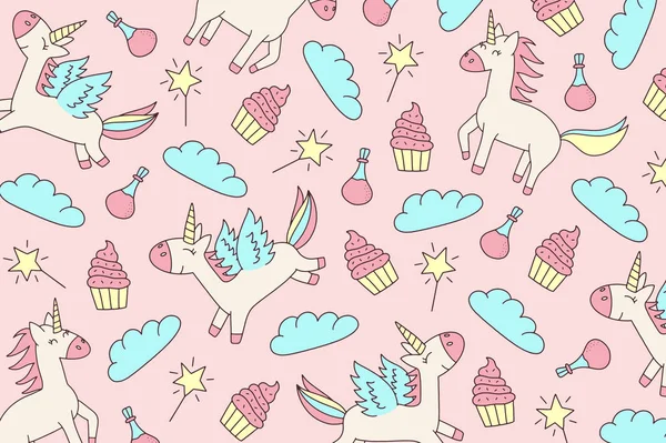 Unicorn ve Magic Doodles. Sihirli öğeleri ile sevimli Unicorn ve midilli koleksiyonu. El çizilmiş çizgi stili. Vector karalamalar illüstrasyonları.