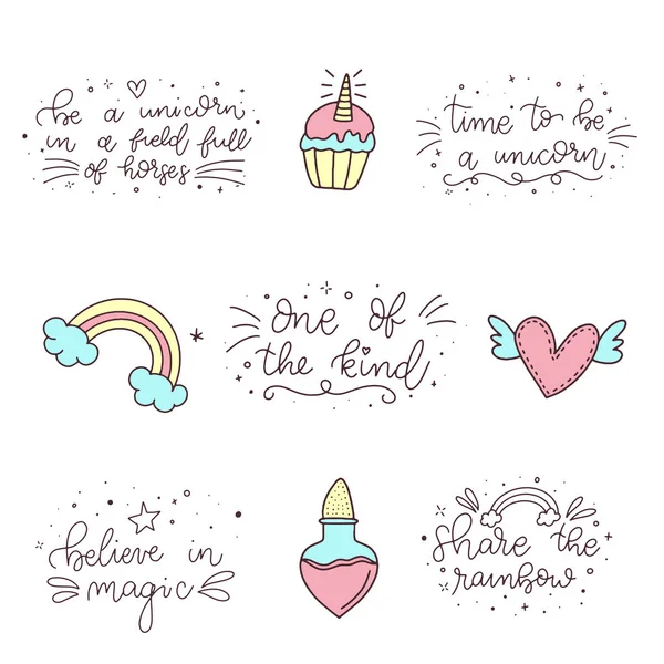 Unicorn ve Magic Doodles. Sihirli öğeleri ile sevimli Unicorn ve midilli koleksiyonu. El çizilmiş çizgi stili. Vector karalamalar illüstrasyonları.