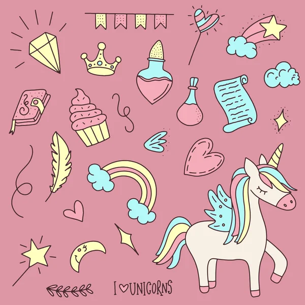 Unicornio Magia Doodles Linda Colección Unicornio Pony Con Objetos Mágicos — Vector de stock