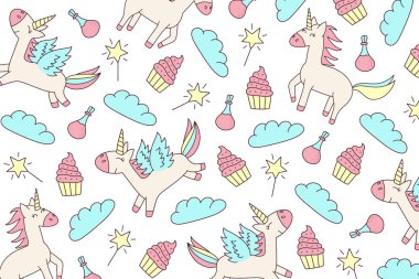 Unicorn ve Magic Doodles. Sihirli öğeleri ile sevimli Unicorn ve midilli koleksiyonu. El çizilmiş çizgi stili. Vector karalamalar illüstrasyonları.