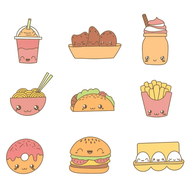 Uppsättning Söta Mat Doodles Kawaii Mat Ikon Doodles Söt Muffin — Stock vektor