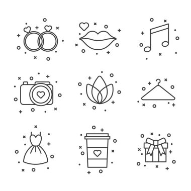 Düz anahat simgeleri kümesi. Simgeler koleksiyonu. Kalp, çiçek, pasta, güneş, yüzük ve diğer gibi çeşitli simgeler. Vektör çizimi. 