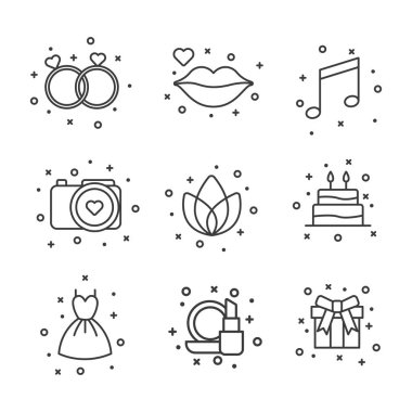 Düz anahat simgeleri kümesi. Simgeler koleksiyonu. Kalp, çiçek, pasta, güneş, yüzük ve diğer gibi çeşitli simgeler. Vektör çizimi.