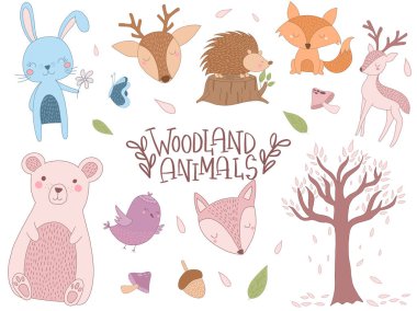 Sevimli Woodland Animals Klip sanat seti. Sevimli hayvanlar illüstrasyon. Vektör çizimi.