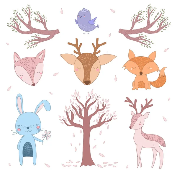Ensemble Mignon Woodland Animals Clip Art Illustration Animaux Mignons Illustration — Image vectorielle