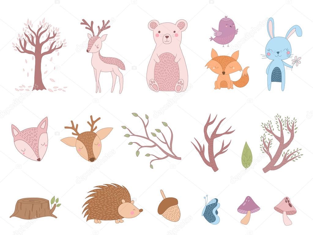 Set of cute Woodland Animals Clip art. Cute animals illustration. Vector illustration.