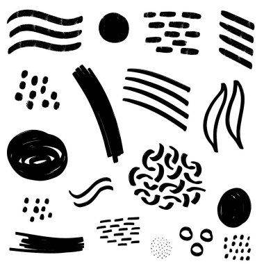 Elle çizilmiş karalama kalem fırçaları. Elle çizilmiş grunge konturları ve grafik öğeleri kümesi. 