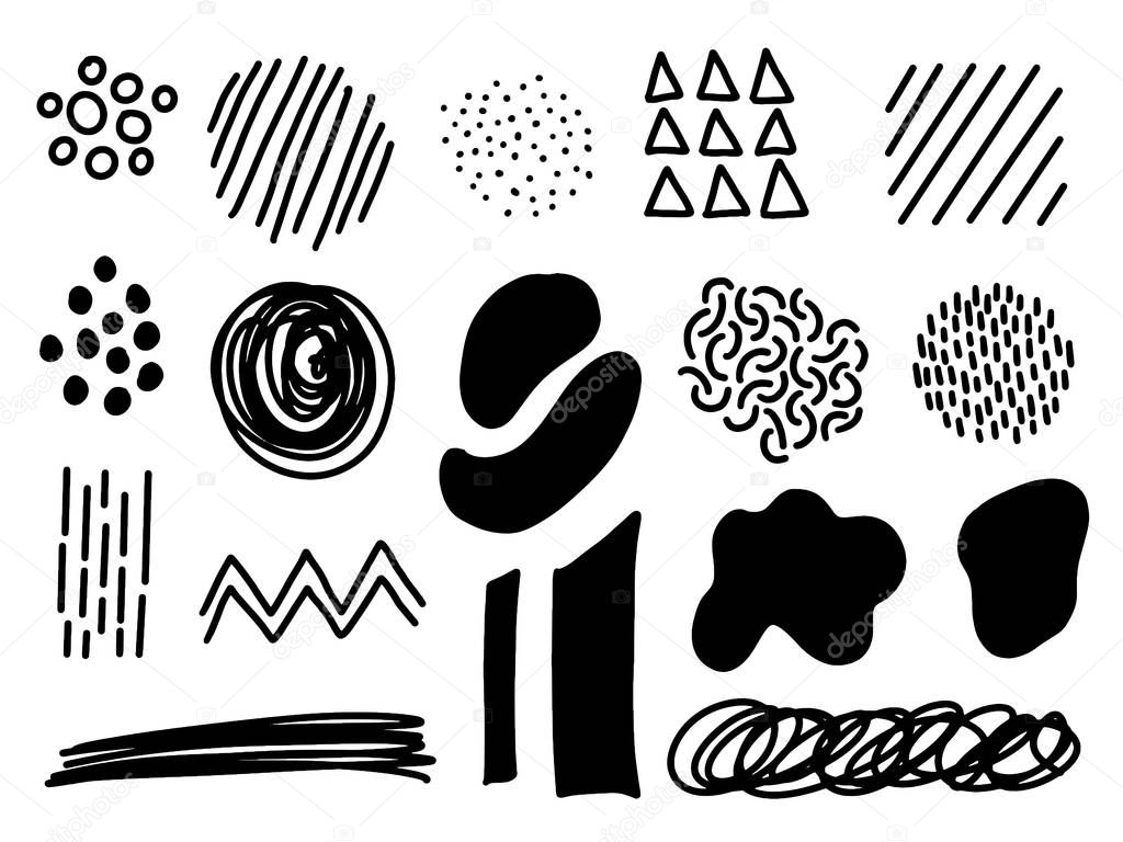 Hand drawn doodle pen brushes. Set of hand drawn grunge strokes and graphic elements. 