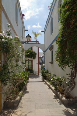 Beyaz evler ve renkli çiçekler, küçük balıkçı köyü ile Sokak. Gran Canaria, İspanya'daki Mogan limanının romantik mimarisi.