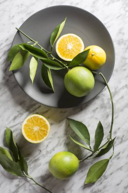 Gri mermer arka planda yabani portakallı tabak. Yukarıdan görüntüle.
