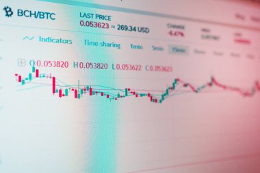 Bitcoin kripto para ticareti için uygulama arayüzü . Bilgisayar ekranının fotoğrafı. kripto para birimlerinin volatilitesi