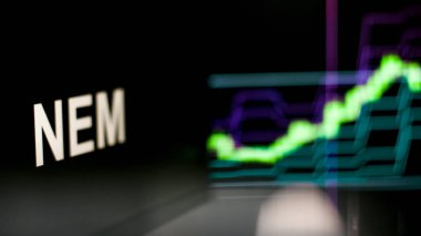 Nem Cryptocurrency jetonu. Kripto para değişimlerinin davranışı, kavram. Modern finansal teknolojiler.