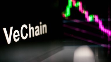 Vechain Cryptocurrency belirteci. Kripto para değişimlerinin davranışı, kavram. Modern finansal teknolojiler.