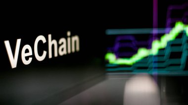Vechain Cryptocurrency belirteci. Kripto para değişimlerinin davranışı, kavram. Modern finansal teknolojiler.