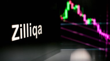 Zilliqa Kripto para birimi simgesi. Kripto para değiş tokuşunun davranışları, konsept. Modern finansal teknolojiler.