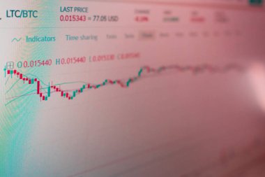 Litecoin kriptopara ticareti için uygulama arayüzü. Bilgisayar ekranının fotoğrafı. kripto para birimlerinin volatilitesi