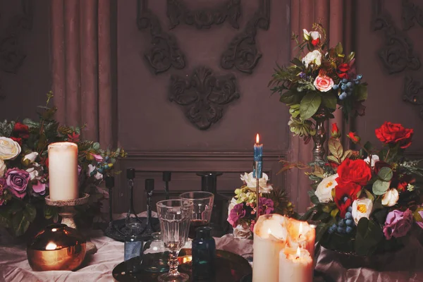 Table for a festive gala dinner, dark romance, Gothic style.