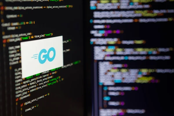 SAINT PETERSBURG, RUSSIA - JULY 4, 2019: Programming language, Go inscription on the background of computer code. — Stock Photo, Image