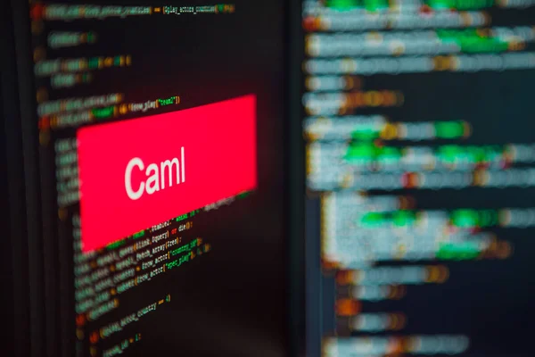 Programmeringsspråk, mål CAML inskription på bakgrunden av datorkod. — Stockfoto