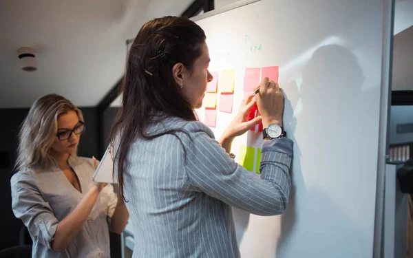 Takım çalışması, proje yönetimi, çevik yöntem. Ofiste iki genç iş kadını var.