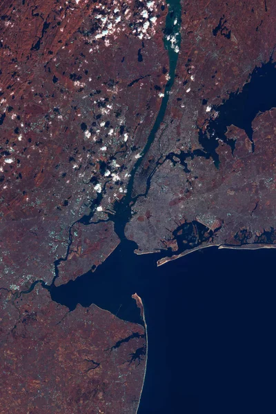 New York ist eine Großstadt in Amerika, eine Stadt und ein Vorort, Satellitenbild der Metropole — Stockfoto