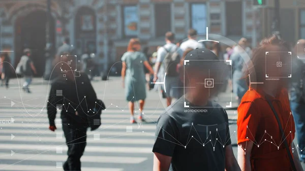 Face recognition and personal identification technologies in street surveillance cameras, law enforcement control. — Stock Photo, Image