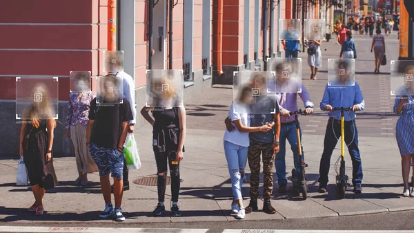 Gesichtserkennung und Technologien zur Identifizierung von Personen in Überwachungskameras auf der Straße, Kontrolle der Strafverfolgung. — Stockfoto