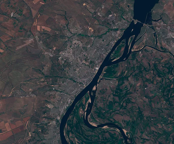 Satellitenbildkarte von Wolgograd in Russland, Blick aus dem All — Stockfoto