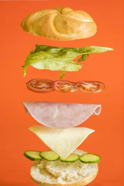 Tasty Ham Sandwich Tomato Cucumber Red Background — Stock Photo, Image