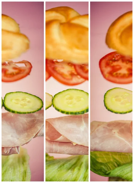 Колаж Смачним Бутербродом Шинкою Помідорами Огірком — стокове фото