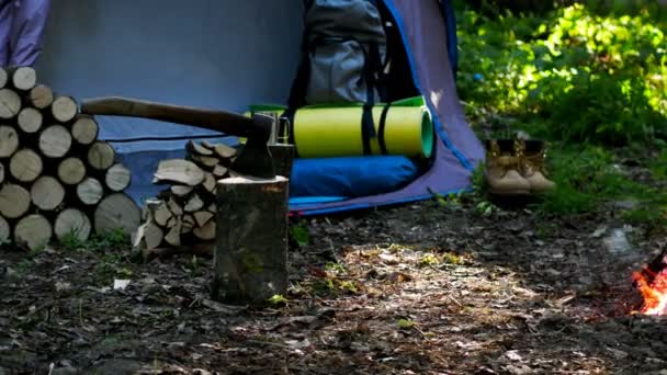 Feu Brûlant Des Grumes Brûlent Arrière Plan Une Tente Touristique — Video