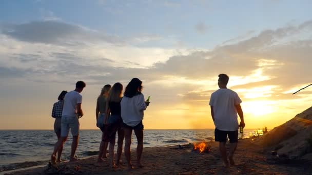 Amigos Estão Caminhando Longo Oceano Pôr Sol Tiro Câmara Lenta — Vídeo de Stock