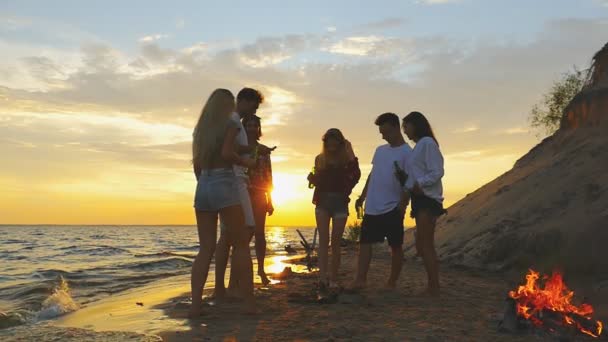Група Людей Пляжі Біля Багаття Повільний Рух — стокове відео