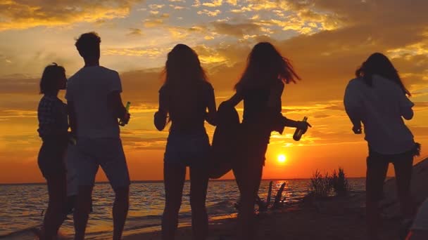 Gruppo Persone Che Ballano Sulla Spiaggia Vicino Falò Rallentatore — Video Stock