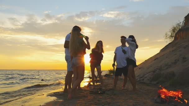 Grupo Personas Playa Cerca Hoguera Movimiento Lento — Vídeos de Stock