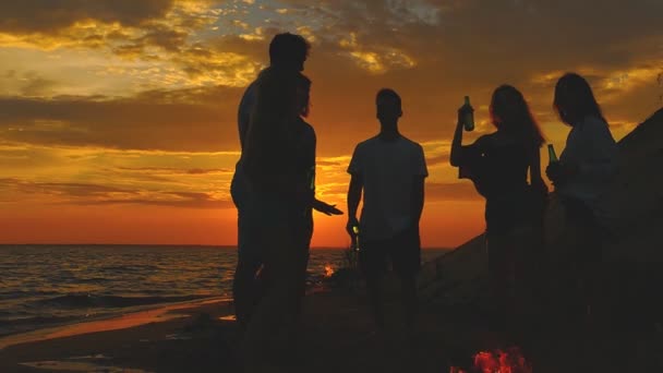 Gruppo Persone Sulla Spiaggia Vicino Falò Rallentatore — Video Stock