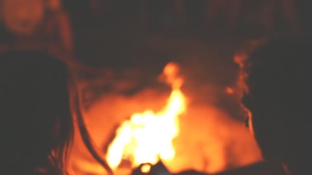 Sekelompok Teman Bersantai Sekitar Api Unggun Pantai Dan Bersenang Senang — Stok Video