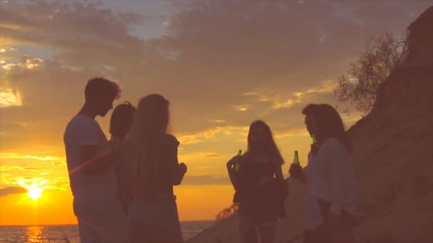 Vrienden Rammelende Bierflessen Het Strand Tijdens Zonsondergang — Stockvideo